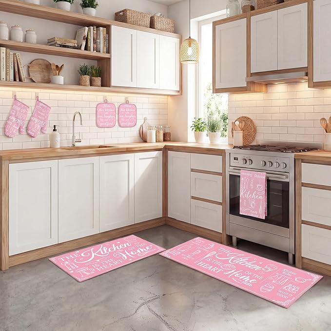 Pink Kitchen Accessories Set 10 Piece - Cute Baking Theme Kitchen Towels, Rugs, Oven Mitts and Pot Holders - Happiness is Homemade Retro Decor Gift for Baker, Mom, Women