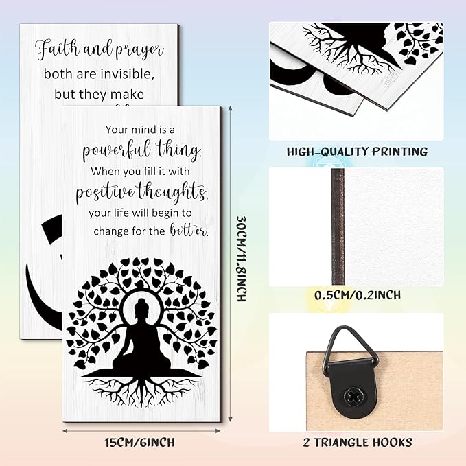 Blulu 2 Pcs Buddha Quote Decor Buddha Inspirational Quote Wall Art Meditation Room Chakra Decor Zen Wooden Hanging, Spiritual Gift for Home Yoga Living Room Women(Motivation)