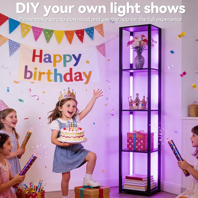 RGBCW Floor Lamp, LED Smart Modern Floor Lamp with Music Sync, Color Changing Corner Display Shelf Lamp, Square Standing Lamp with Shelves for Living Room and Bedroom, Office, Black