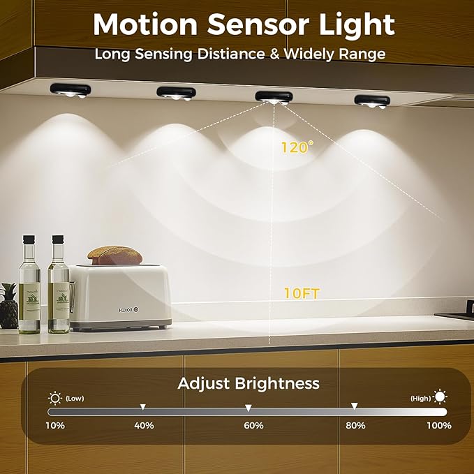 LED Motion Sensor Puck Lights, Small Rechargeable Under Cabinet Light, Dimmable Daylight White Closet Lights, Wireless Under Cabinet Lighting for Drawer, Kitchen (8 Pack, Black)