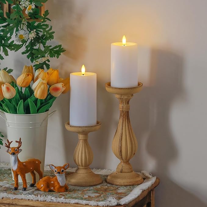 Outdoor 6pcs Flameless Waterproof Candles with Handy Remote Control, Cycle Timer Battery Operated Candle Grease Effect LED Flickering Pillar Plastic Long Lasting (White, 3" x4" 5" 5" 6" 6" 7")