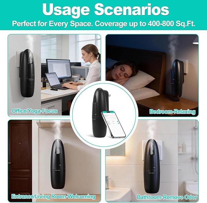 Plug-in Waterless Essential Oil Diffuser, 400-800 Sq.Ft Smart Nebulizing Scent Air Machine with App Control (Bluetooth), 100ml Capacity, Leak-Proof, for Home, Hotel, Office, Spa (Black)