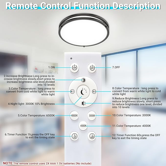 libtit 10Inch Flush Mount Ceiling Lights with Remote, 18W Dimmable LED Ceiling Light with Nightlight and Timer, 3000K-6500K Adjustable Black Light Fixture for Closet Kitchen Hallway Bathroom-1Pack