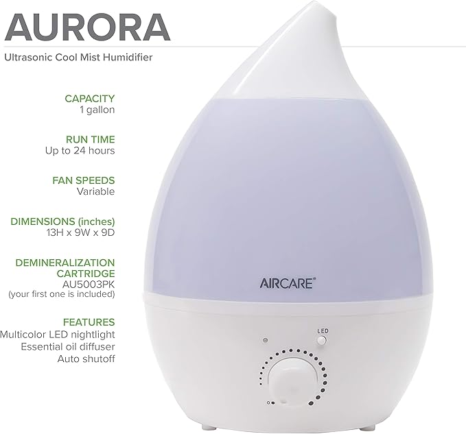 AIRCARE Aurora Ultrasonic Cool Mist Humidifier, Whisper-Quiet between 8-24 hours, Seven Color LED Night Light, Essential Oil Tray and Automatic Shut-Off for Baby, Nursery or Bedroom (White, 1 gal)