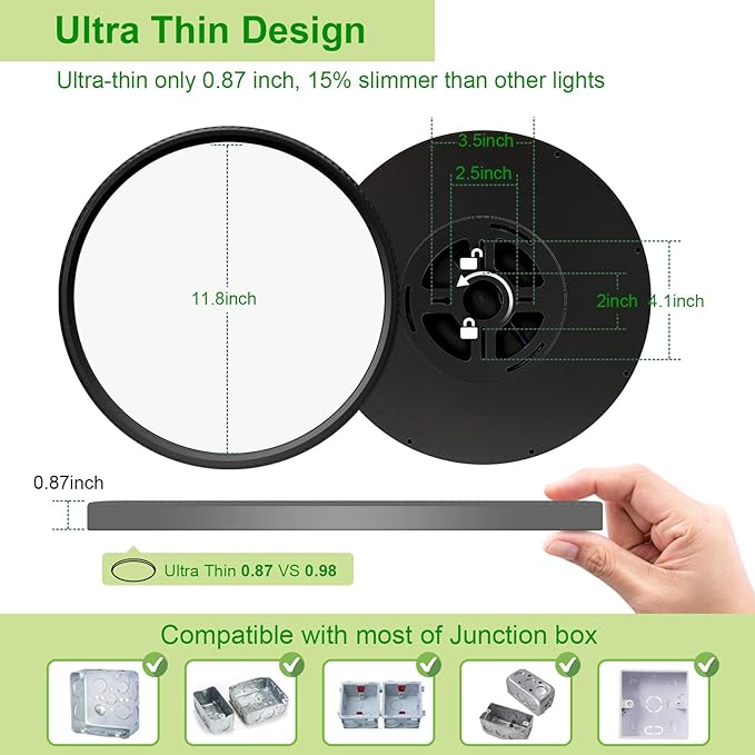 hunhun 8 Pack 3200lm LED Flush Mount Ceiling Light 12 Inch,5CCT Adjustable, Super Slim 0.87 inch led Ceiling Light Fixture for Bedroom, Living Room, Dining Room (Black, 8-Pack)