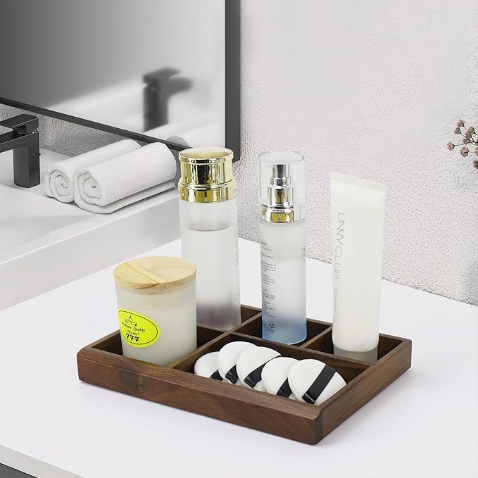 MultiBey 5-Slot Walnut Valet Tray Organizer | Wooden Valets Tray for Nightstand, Dresser & Desk |EDC Catchall Trays with 5 Sections for Jewelry, Wallet, Watch, Keys, Earbuds (Walnut)
