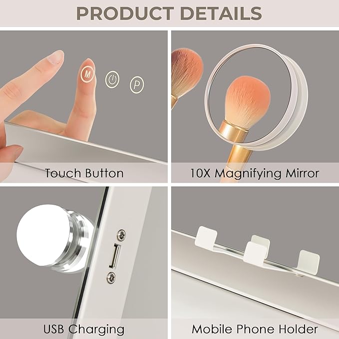 Vanity Mirror with Lights, Hollywood Lighted Makeup Mirror with 12 Dimmable LED Bulbs for Dressing Room & Bedroom, 3 Light Modes，Slim Metal Frame Design, AC-Powered, White