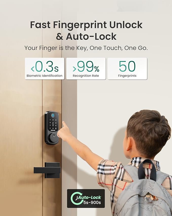 DESLOC B200 Fingerprint Smart Lock with 2 Lever Handles, Keyless Entry Front Door Lock Set, Electronic Keypad Deadbolt, App Control, Auto Lock, Long Battery Life, Secure Home Access
