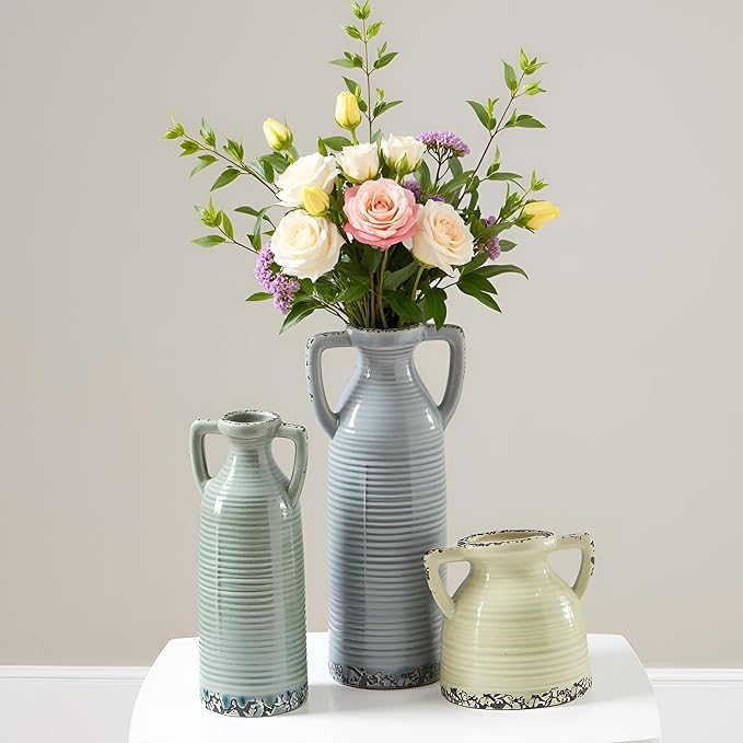 Ceramic Vase Set of 3 - Farmhouse Vase Set for Modern Decoration, Rustic Crackle Round Vases for Home Decor, Dining Table, Living Room, Kitchen, Office, Shelf - Multicolor