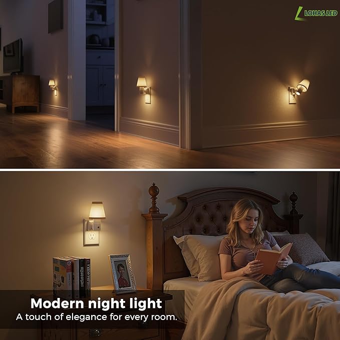L LOHAS LED Night Lights Plug into Wall, Plug in Night Light Dimmable, Soft Warm Nightlight with Light Sensor, Rotatable Base, Vintage Linen Fabric Nightlights Plug in Wall for Bathroom Kitchen 2Pack