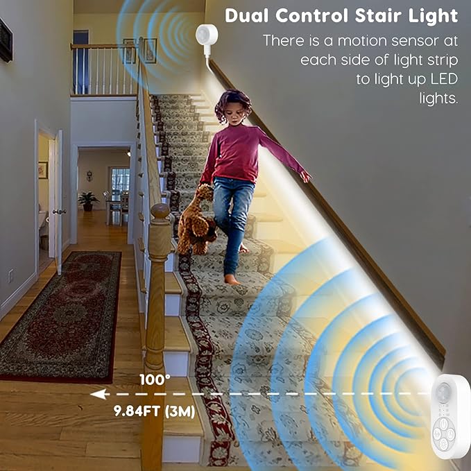 Dual Sensor Stair Lights Indoor, Motion Activated Plug-in Step Light Strip Indoor with Dimmer, Delay Timer for Stairway (Warm White 3000K (16.4FT Light Strip), Power Adapter (9.84FT Cable))