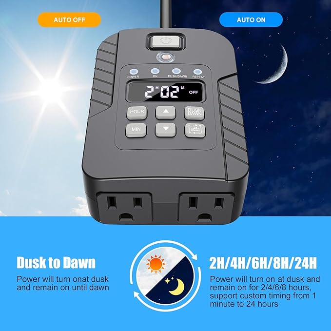 Outdoor Light Timer Waterproof, 15A, 24-Hour Plug in Outdoor Countdown Timer (2, 4, 6 or 8 Hours Mode), 100 FT Range Remote Control with 2 Grounded Outlets for Home and Garden, ETL Listed