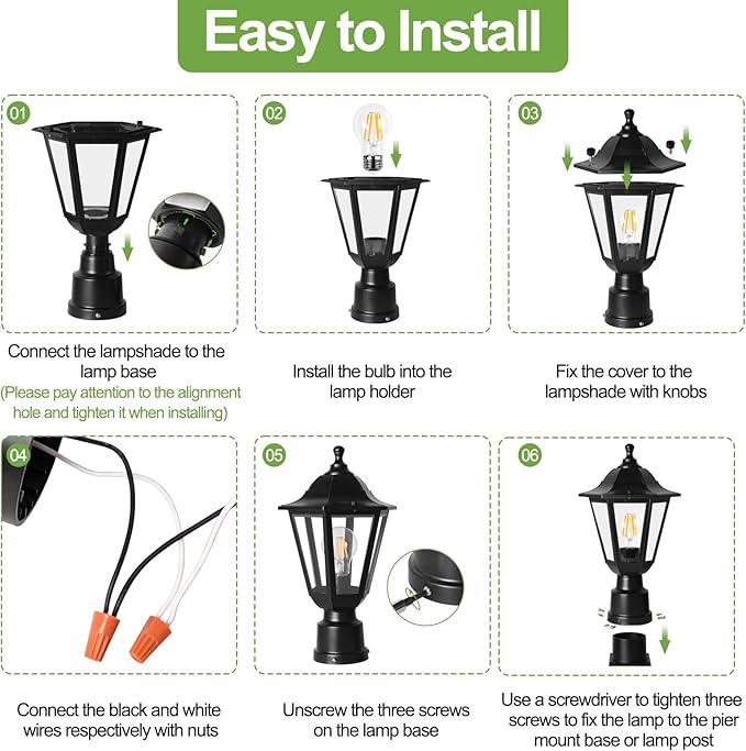FUDESY Outdoor Post Light, Exterior Lamp Post Light Fixture with Pier Mount Base, Waterproof Pole Lantern Lighting with E26 Socket, Matte Black Plastic Lamp for Garden Patio Pathway(Bulb Included)
