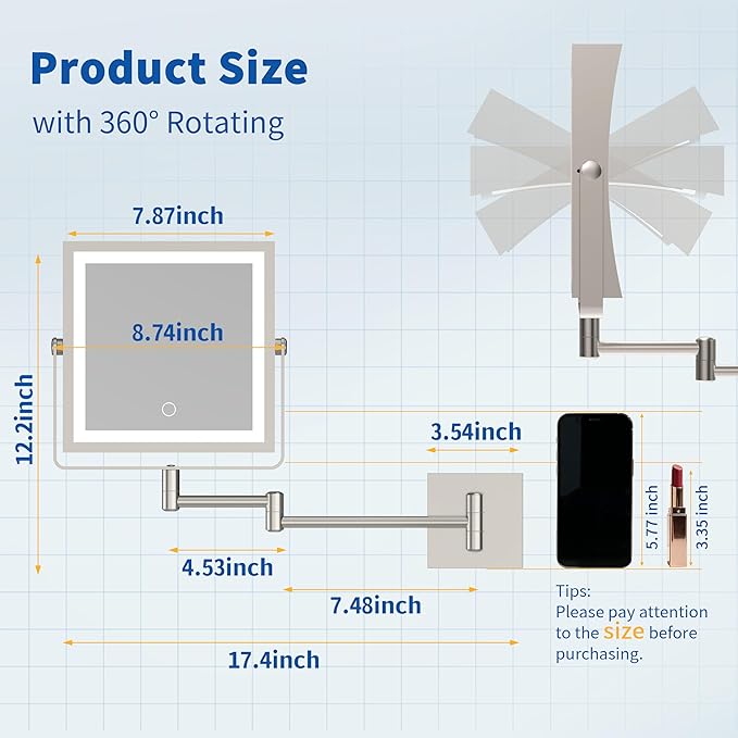 Ruacq Rechargeable Wall Mounted Makeup Mirror with Lights, Double Sided 1X/10X Magnifying Vanity Mirror with 3 Color Light, Touch Screen Dimmable, 360° Rotation Extension Foldable Arm(Brushed Nickel)