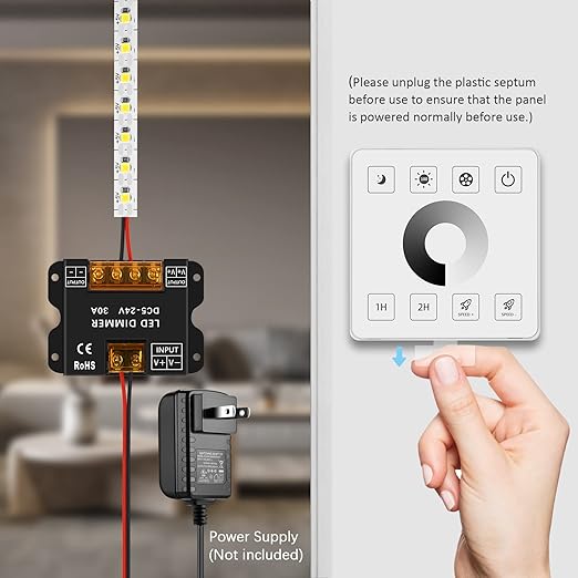 RGBZONE LED Light Strip Dimmer, RF Wireless Remote Control, Dimmable Wall Dimmer, Suitable for Single Color LED Strips, DC5V/12V/24V 30A Single Channel Dimming Controller