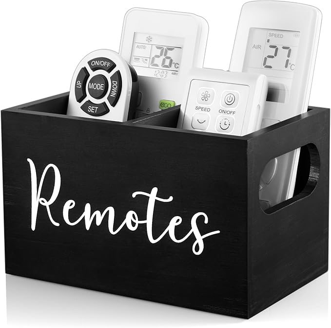 DRASTAR Remote Control Holder, Wood TV Remote Holder, Remote Storage Caddy, Remote Control Organizer (Black, 2 Slots)