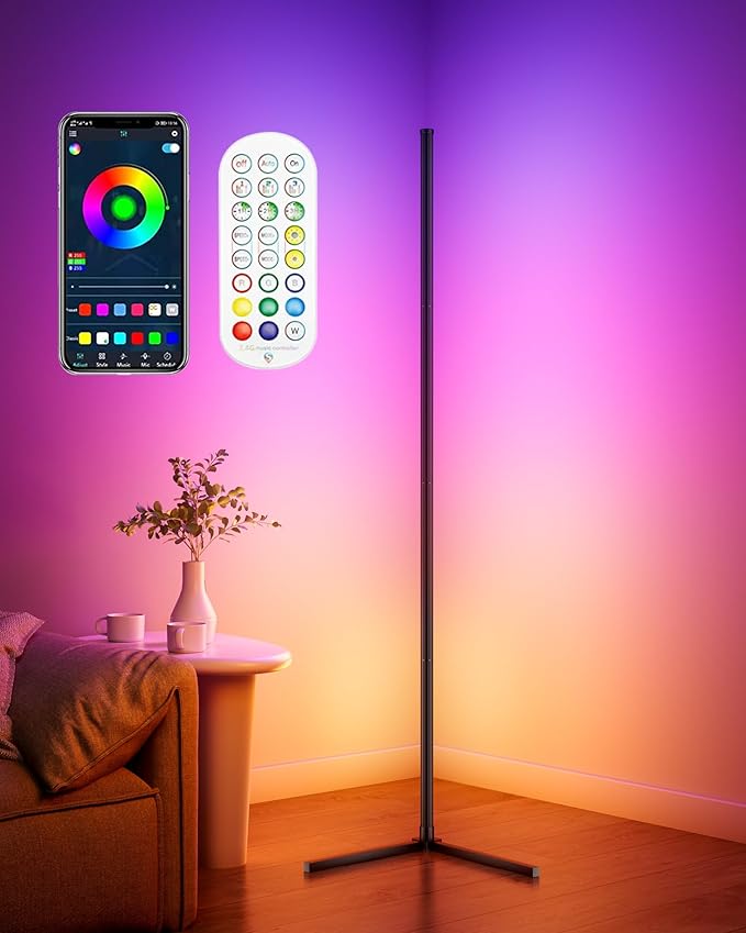 65" Smart RGB Floor Lamp with App/Remote Control, Color Changing LED Corner Lamp with Music Sync & Timer, Corner Lighting for Living Room, Bedroom, Gaming Room (Black)