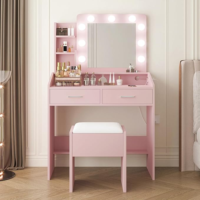 Vanity Desk with Lights and Mirror - Makeup Vanity Set with Power Outlet & USB Ports, 3 Lighting Modes, Adjustable Brightness, Includes 2 Drawers and Cushioned Stool, Small Dressing Table for Bedroom