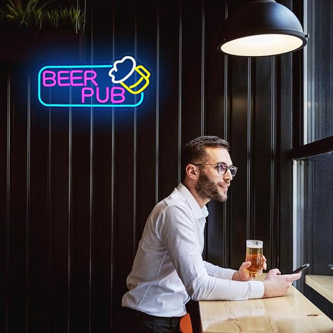 Beer Pub Neon Sign for Wall Decor,Dimmable Bar Neon Light,USB Powered Beer Led Light Up Sign for Man Cave,Home Bar,Store,Cafe,Pub,Club Party
