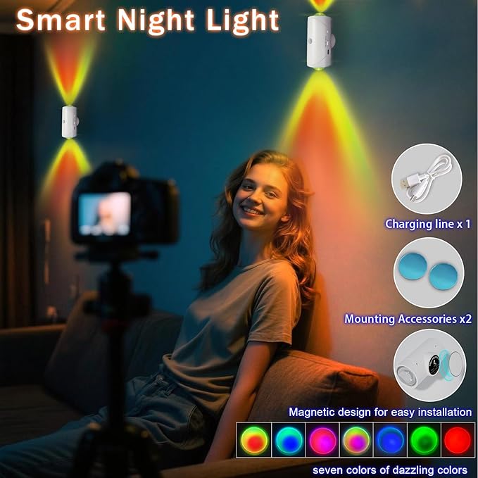 LED Wall Mounted Lights 2 Pcs,Battery Operated Wall Sconce with Motion Sensor, Up/Down Lighting Design 1500mAh Rechargeable Cordless Wall Lights for Indoor Bedroom Hallway (White)
