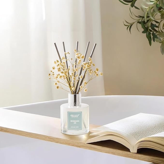 Airkeep Reed Diffuser Set,3.38 fl oz (100 ml) - Refreshing Air Oil Diffusers with 8 Reed Sticks, Home Fragrance Reed Diffuser for Bathroom Shelf Decor