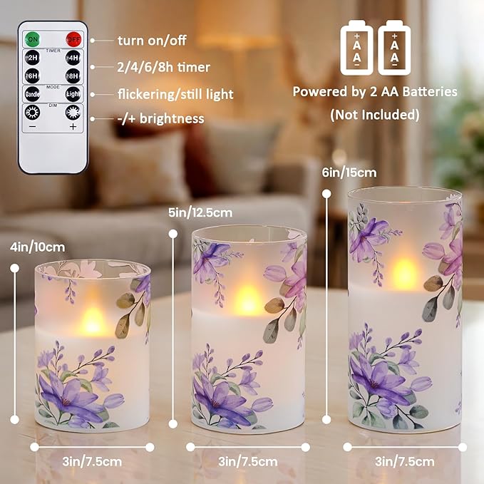Pack of 3 Flameless Daily Timer Flickering Real Wax Pillar Candles, 3" x 4" 5" 6" LED Battery Operated Purple Flowers Glass Warm Light with Remote Control