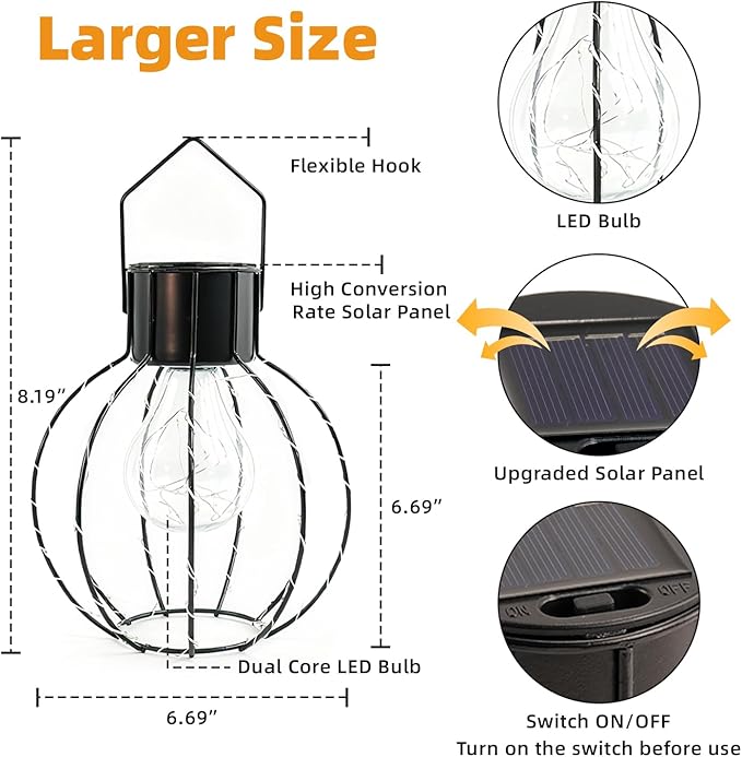 Hanging Solar Lantern Outdoor, 8.19" Large Solar Pendant Lights Outdoor Waterproof with Warm White Bulb&String LED Inside, Decor for Patio, Garden, Yard, Pergola, Christmas, Camping, 2 Pack Gift Set