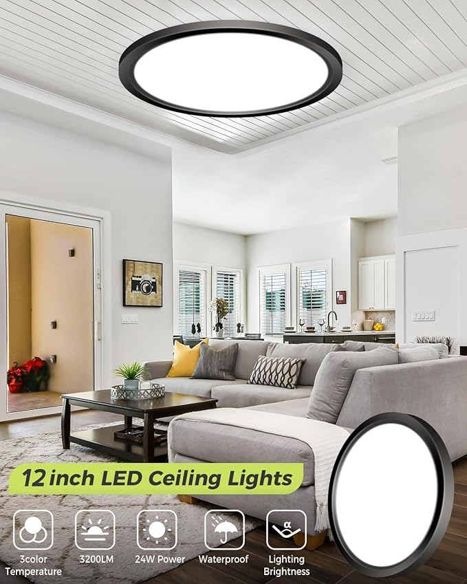 2PACK LED Flush Mount Ceiling Light - 3CCT Selectable 3000K-4000K-6500K & 100W Equivalent Modern Kitchen Recessed Ceiling Lamp 24W 3200Lm 12 Inch for Bathroom Closet Laundry Bedroom Hallway,Black