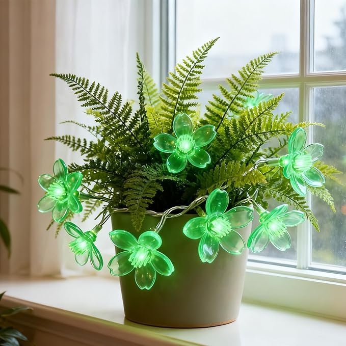St. Patricks Day Flower String Lights, Decorative Green Cherry Blossom Floral Lamps Battery & USB Operated, 30 LED 10ft 8 Lighting Modes & Timer for Bedroom Classroom Christmas Party Decorations