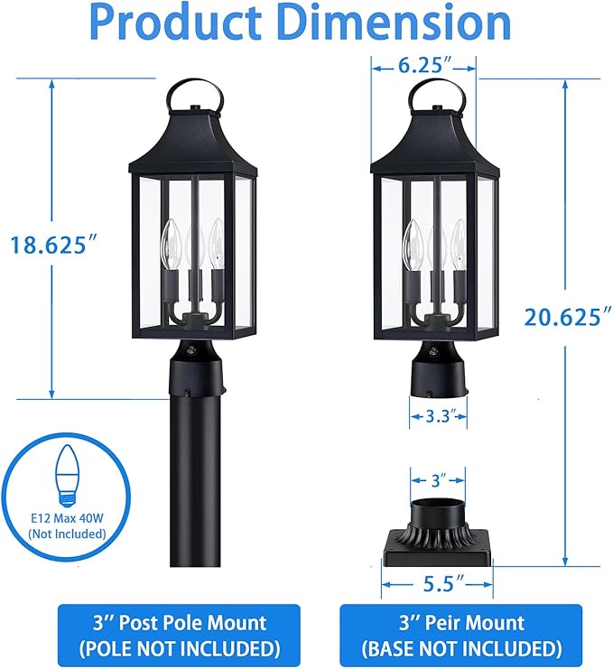 18.62'' Dusk to Dawn Post Light Outdoor, Large 3-Light Lamp Post Light Fixture, Modern Pillar Outside Lighting Waterproof Post Lantern Lamp Outdoor Post Light Fixtures Pole Lights for Porch, 1 Pack