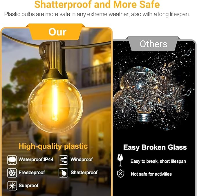 LAMPHOME 2PACK Yellow Outdoor String Lights, 26FT 13 G40 Gold Shatterproof Patio Lights, IP65 Waterproof Dimmable Connectable Globe LED Hanging Lights for Backyard, Bistro, Porch, Deck, Balcony