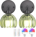 Vintage Battery Operated Wall Sconce with Green Tulip Glass Lampshade Rechargeable Battery Powered Black Wall Light with Remote Control for Bedside Bedroom Doorway, Set of 2