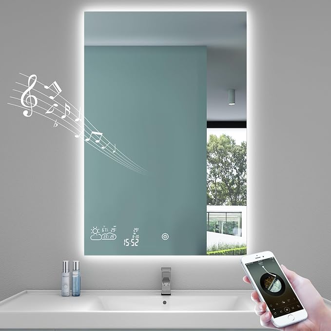 24x36 LED Bathroom Mirror with Bluetooth Wi-Fi Enabled Weather Display, Backlit Lighted Smart Vanity Mirror for Bathroom Wall with 2 Colors Dimmable, Anti-Fog, Touch Sensor- - Vertically Hang Only