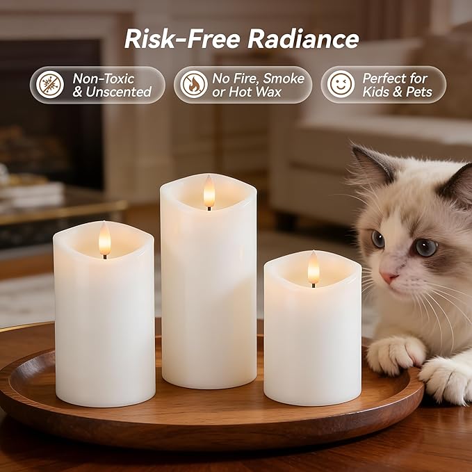 Rechargeable Flickering Flameless Candles Melted Edge Battery Operated with Remote and Timer, Real Wax LED USB Type-C Pillar Candles, Set of 3 (3" x 4",5",6"), White,Spring Home Decor