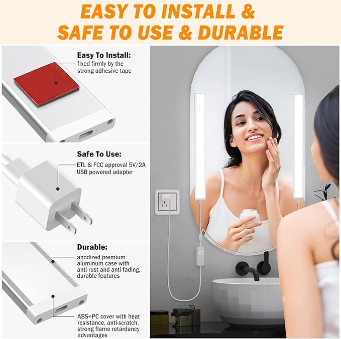 MY BEAUTY LIGHT LED Vanity Lights for Mirror, Bright Dimmable and Color Temperature Changeable LED Makeup Light, Durable Stick-on 5V USB Powered Mirror Lights