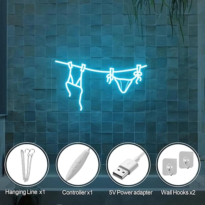 Bikini LED Neon Wall Light, Summer Coastal Beach Decor Sign, Coconut Girl Aesthetic Art for Bathroom Laundry Room Bedroom Cowgirl Style Accent 15″ x 8.36″