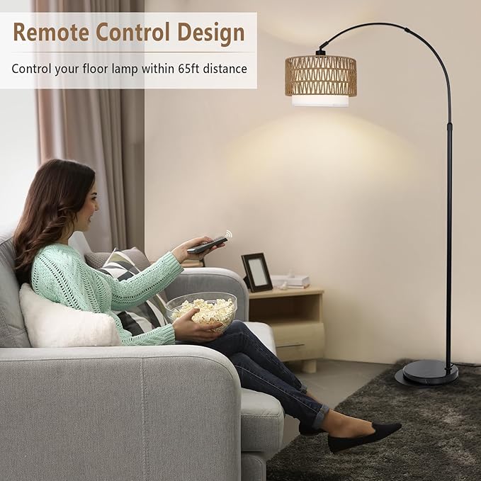 Arc Floor Lamp with Remote, Modern LED Floor Lamp with Dimmable Bulb, Boho Farmhouse Standing lamp with Fabric & Rattan Lampshades, Height Adjustable Black Tall Lamp for Living Room Bedroom