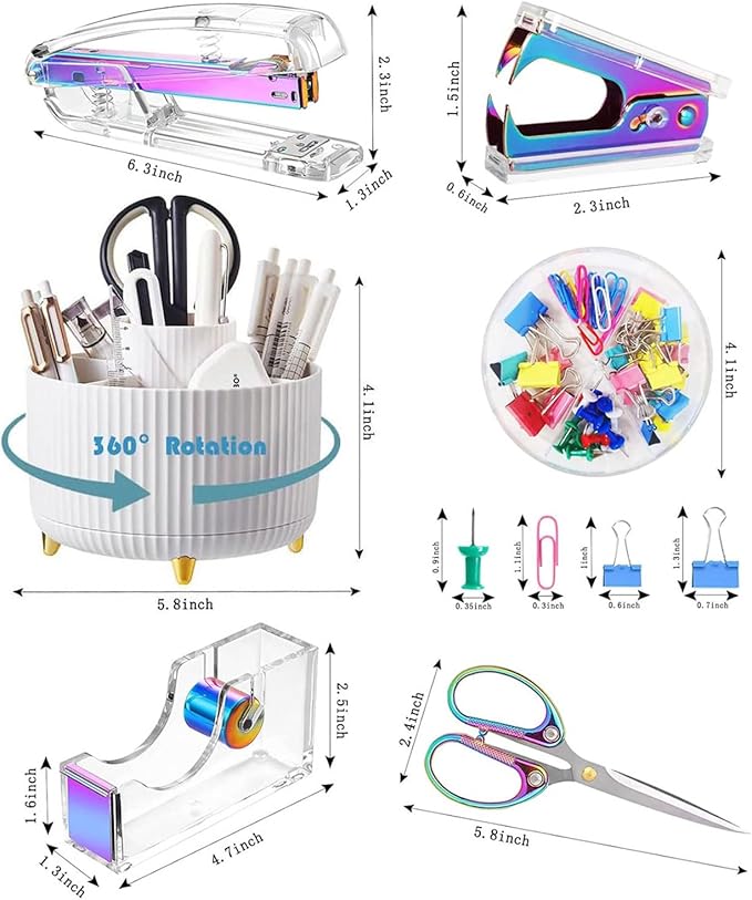 Colorful Desk Organizers and Accessories Set with 360-Degree Rotating Pen Holder, Acrylic Stapler, Tape Holder, Staple Remover, Binder/Paper Clips Kit, Scissor and 1 Box of Staples