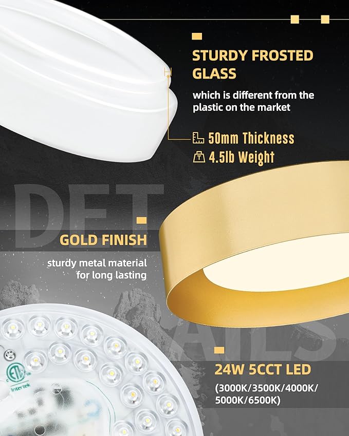 AUTELO 5CCT LED Ceiling Light, 12" Gold Flush Mount Ceiling Light with Frosted Glass in Gold Metal Finish for Bedroom, C3336-29 BRZ LED