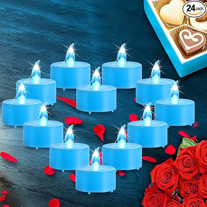 PILLOBOX Battery Operated Flameless Tea Lights: 24PACK LED Electric Candles Lamp Realistic and Bright Flickering Holiday Gift Long Lasting for Birthday Wedding Party Home Decoration (24PACK Blue)