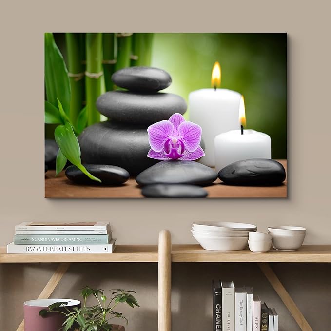 wall26 Canvas Print Wall Art Purple Orchid with Candles, Massage Stones & Bamboo Floral Nature Photography Realism Zen Scenic Multicolor for Living Room, Bedroom, Bathroom, Office - 24"x36"