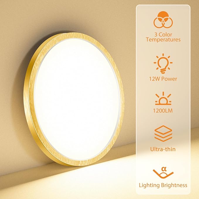 slochi 1PACK LED Flush Mount Ceiling Light Fixture, 3000K-4000K-6500K & 100W Equivalent Modern Kitchen Recessed Ceiling Lamp 12W 1200Lm 6.5 Inch Closet Round Surface for Bathroom Laundry Hallway-Gold