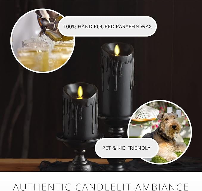 Luminara Wax Drip Flameless LED Candle, Black 3" x 4.5", Timer Function, Real Wax Pillar, Battery Operated Unscented Safe, Long-Lasting