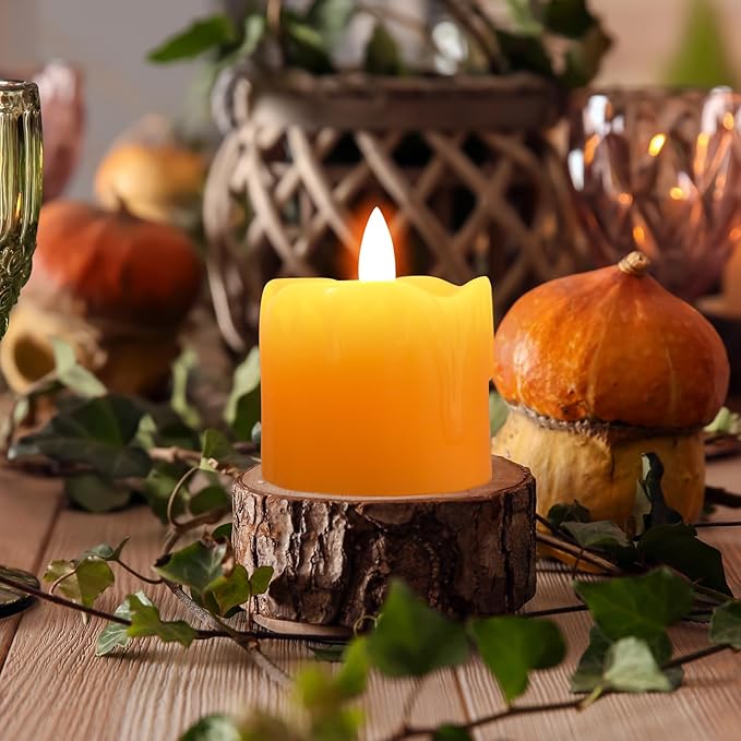 Eywamage Orange Dripping Wax Flameless Votive Candles with Remote Batteries, 2x2 inch Small LED Pillar Candles Set of 6