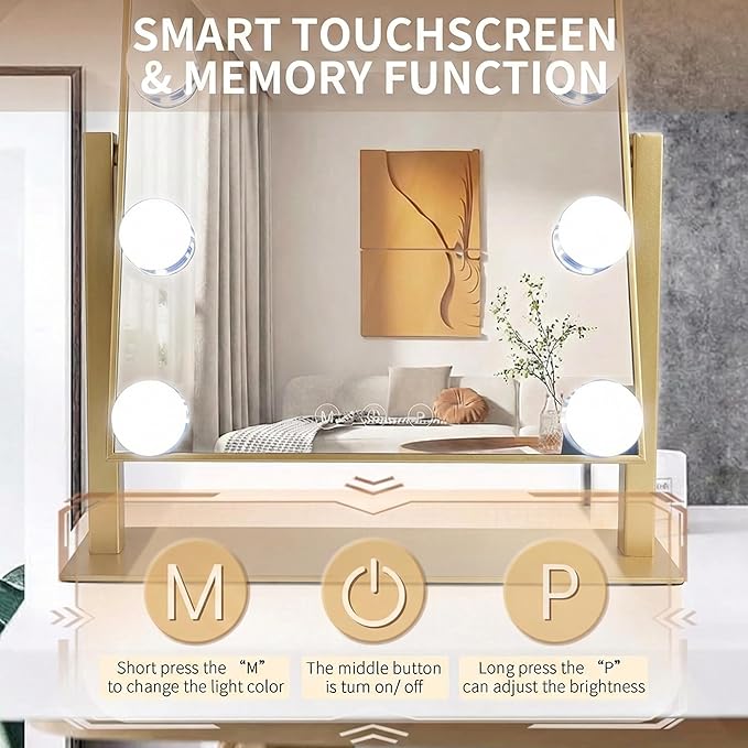Makeup Vanity Mirror with Lights 13.77"x 11.81" LED Makeup Mirror Detachable 10X Magnification, Hollywood Make Up Mirror with Lighting, Smart Touch, Rechargeable,360° Rotation, (Gold)