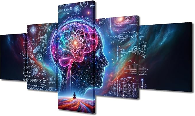 5 Panel Artificial Intelligence Wall Art Human Brain Surrounded by Data Canvas Painting Futuristic Technology Wall Posters for Bedroom Wall Decor AI Pictures for Living Room Wall Decoration 50"Wx24"H
