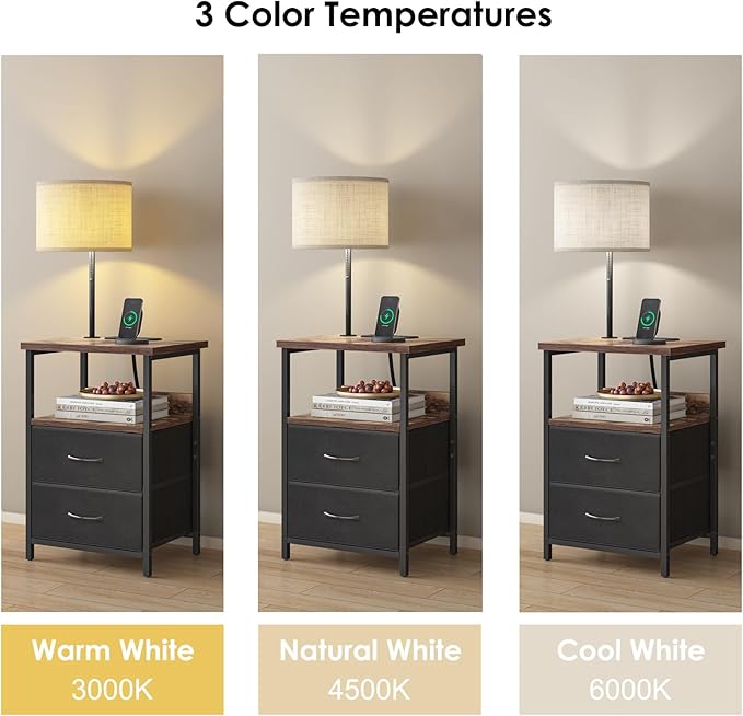 Fixwal Bedside Table with 3 Color Temperature Reading Light, Nightstand with LED Light & Charging Station End Table with Adjustable Fabric Drawer for Bedroom, Dorm, Rustic Brown