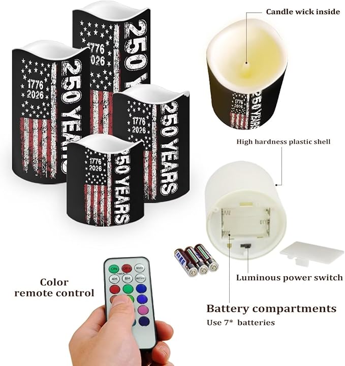 American Flag Battery Operated LED Candles 1776-2026 250th Anniversary Flameless Flickering Remote Independence Day Patriotic Candle Celebratory Decor for Fireplace Porch, 4 Pack