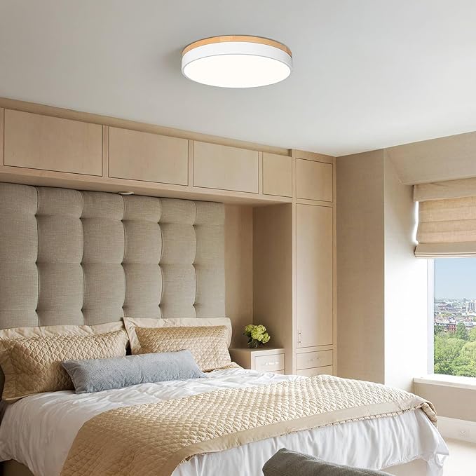 Dimmable Wood Oak Ceiling Light Fixture Modern White LED Flush Mount Ceiling Light 5CCT Minimalist Circle Close to Lighting Fixture for Bedroom Kitchen Bathroom Laundry Room 15.74 Inch