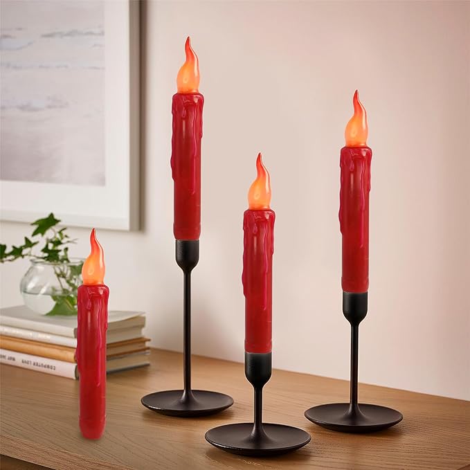Red Candlesticks Flameless Taper Candle, 4pcs Short LED Tapered Candles Remote Dipped Candle 6inch Battery Chandelier for Enchanting Christmas Harry Potter Inspired Vigils,R
